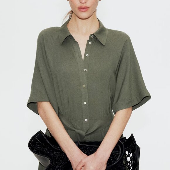 H&M Tie-belt Shirt Dress Olive Green Small - Picture 2 of 8